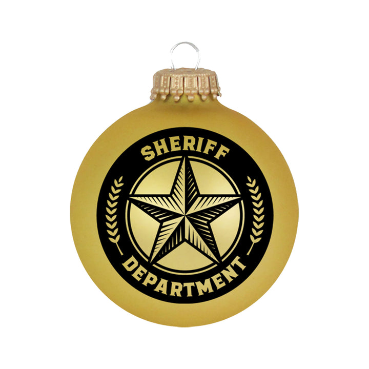 Christmas Tree Ornaments - 80mm / 3.25" Decorated Collectible Glass Balls from Christmas by Krebs - Handmade Hanging Holiday Decorations for Trees (Sherriff Logo on Gold Velvet)