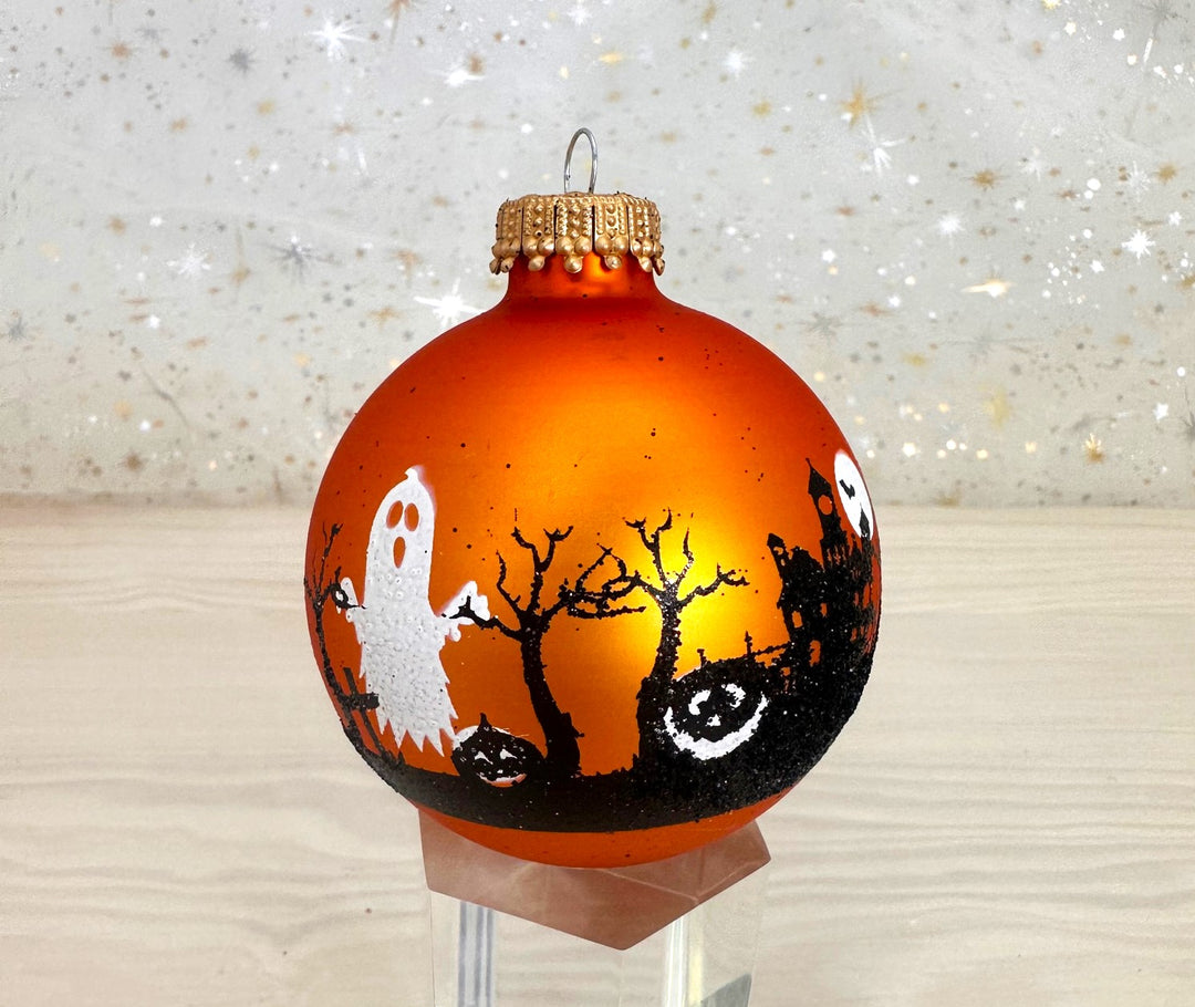 Halloween Tree Ornaments - 67mm/2.625" Decorated Glass Balls from Christmas by Krebs - Handmade Seamless Hanging Holiday Decorations for Trees - Set of 4 (Velvet Wildfire Orange with Graveyard)