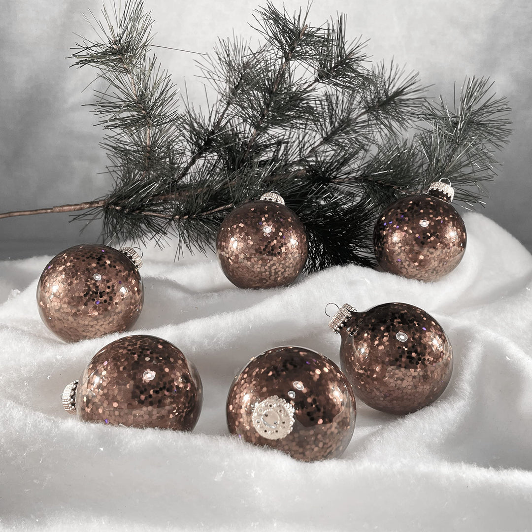 Glass Christmas Tree Ornaments - 67mm / 2.63" [6 Pieces] Designer Balls from Christmas By Krebs Seamless Hanging Holiday Decor (Metallic Gold Spangle)