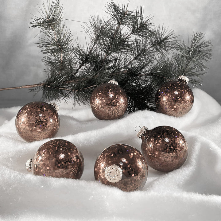 Glass Christmas Tree Ornaments - 67mm / 2.63" [6 Pieces] Designer Balls from Christmas By Krebs Seamless Hanging Holiday Decor (Metallic Gold Spangle)