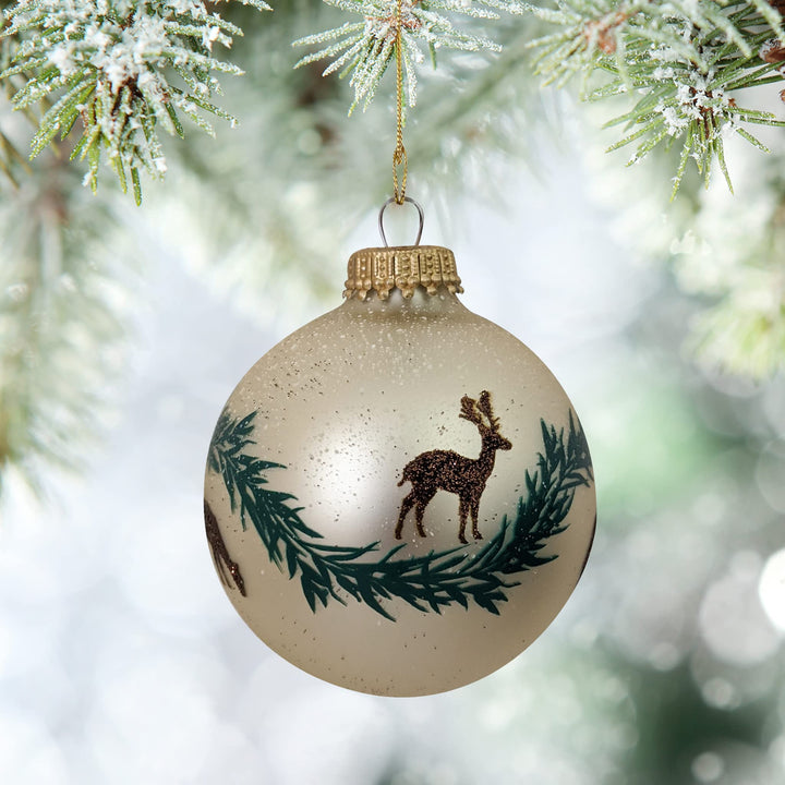 Glass Christmas Tree Ornaments - 67mm/2.63" [4 Pieces] Decorated Balls from Christmas by Krebs Seamless Hanging Holiday Decor (Oyster Velvet w/ Brown Deer & Garland)