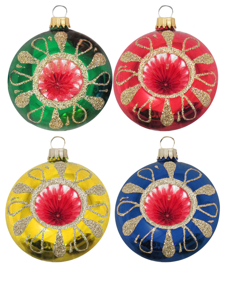 Glass Christmas Tree Ornaments - 67mm/2.63" [4 Pieces] Decorated Balls from Christmas by Krebs Seamless Hanging Holiday Decor (Red, Gold, Green & Blue Reflectors)