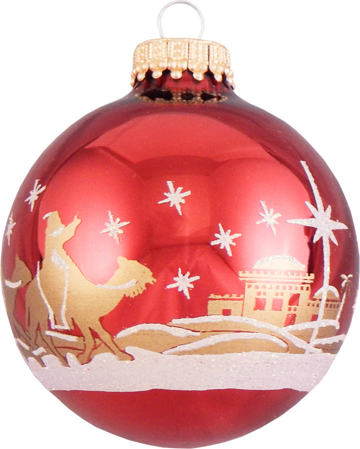 Glass Christmas Tree Ornaments - 67mm/2.63" [4 Pieces] Decorated Balls from Christmas by Krebs Seamless Hanging Holiday Decor (Christmas Red with Bethlehem Scene)