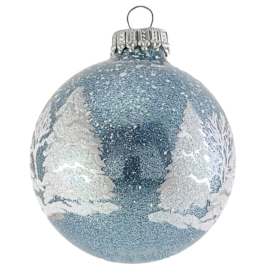 Glass Christmas Tree Ornaments - 67mm/2.63" [4 Pieces] Decorated Balls from Christmas by Krebs Seamless Hanging Holiday Decor (Light Blue Sparkle with Trees)