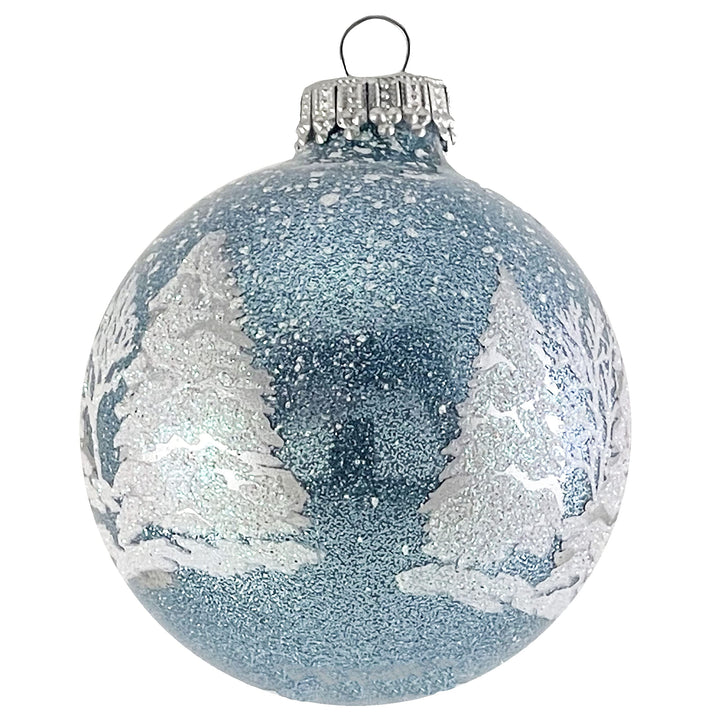 Glass Christmas Tree Ornaments - 67mm/2.63" [4 Pieces] Decorated Balls from Christmas by Krebs Seamless Hanging Holiday Decor (Light Blue Sparkle with Trees)