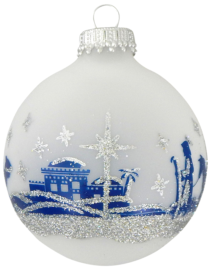 Glass Christmas Tree Ornaments - 67mm/2.625" [4 Pieces] Decorated Balls from Christmas by Krebs Seamless Hanging Holiday Decor (Frost with Blue & Silver Bethlehem Scene)
