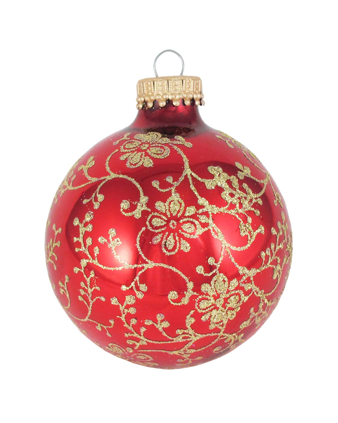 Glass Christmas Tree Ornaments - 67mm/2.63" [4 Pieces] Decorated Balls from Christmas by Krebs Seamless Hanging Holiday Decor (Christmas Red with Gold Floral Glitterlace)