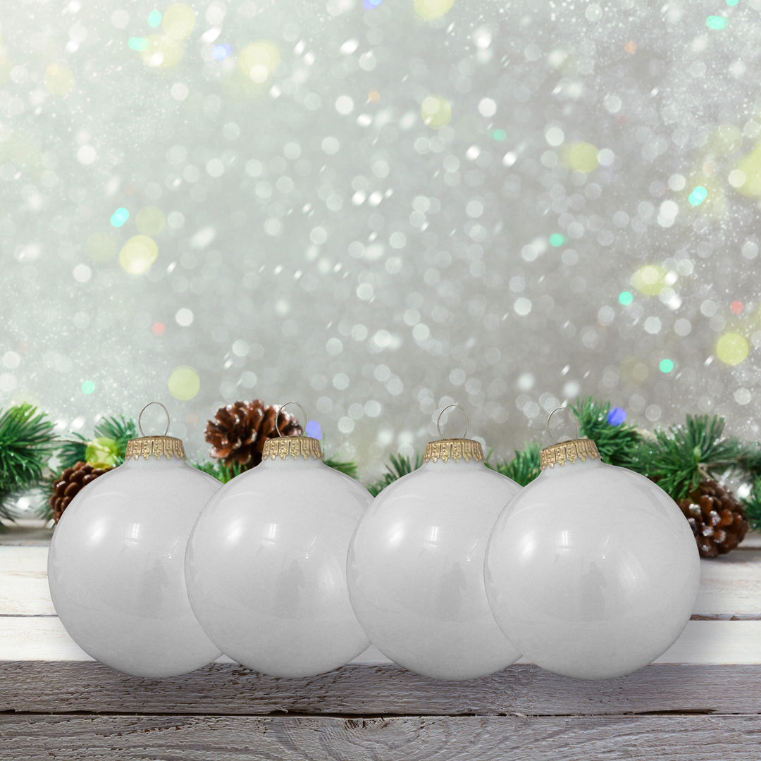 Glass Christmas Tree Ornaments - 80mm / 3.25" [4 Pieces] Designer Balls from Christmas By Krebs Seamless Hanging Holiday Decor (Snow White)
