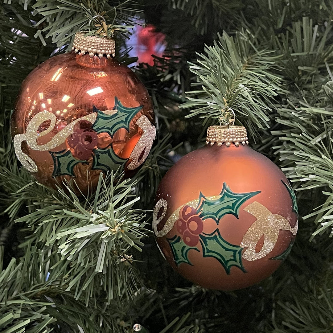 Glass Christmas Tree Ornaments - 67mm/2.625" [4 Pieces] Decorated Balls from Christmas by Krebs Seamless Hanging Holiday Decor (Copper Shine and Velvet with Holly & Ribbon)