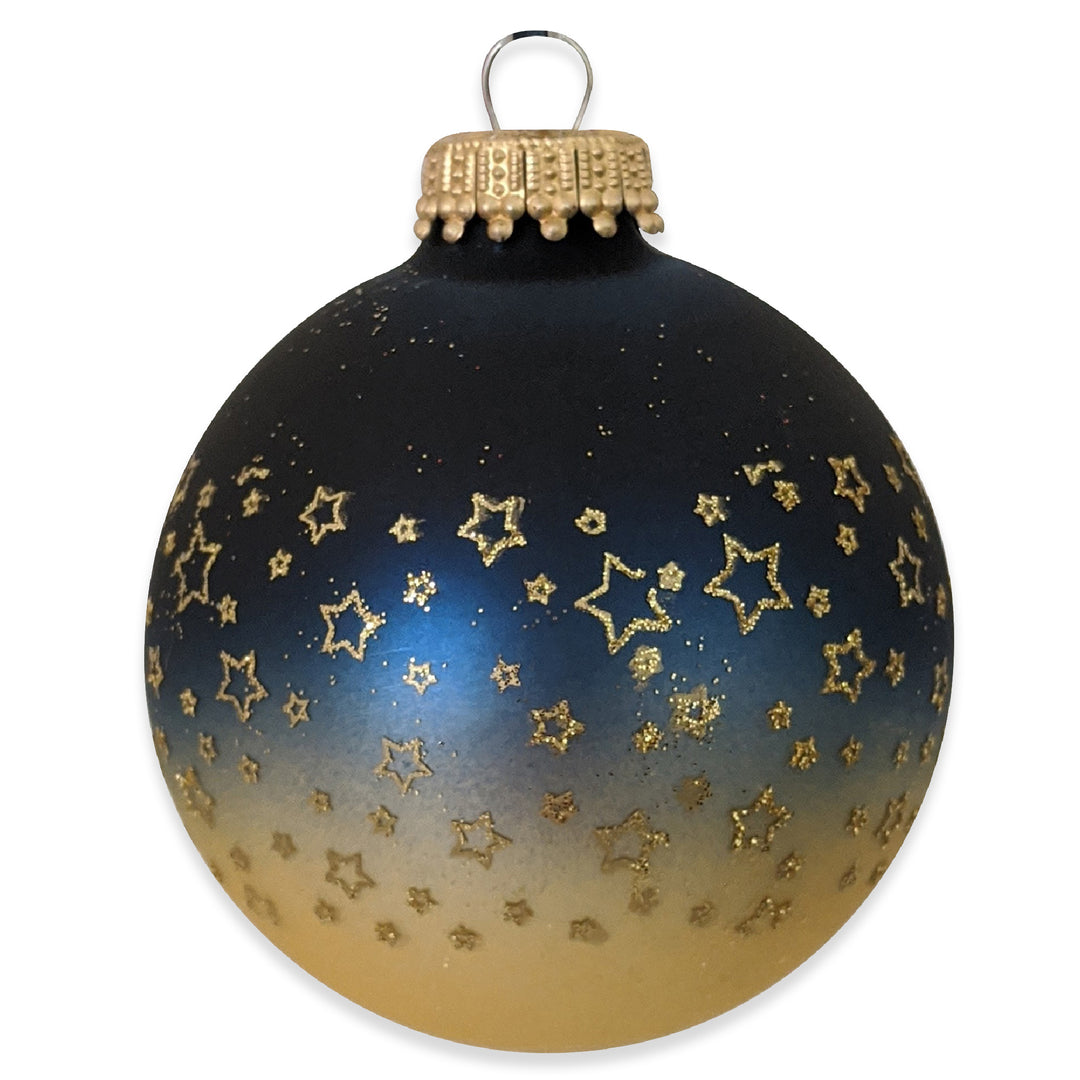 Glass Christmas Tree Ornaments - 67mm/2.63" [4 Pieces] Decorated Balls from Christmas by Krebs Seamless Hanging Holiday Decor (Midnight Haze Blue and Chiffon Gold With Stars)