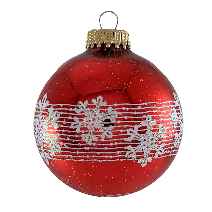 Glass Christmas Tree Ornaments - 67mm/2.63" [4 Pieces] Decorated Balls from Christmas by Krebs Seamless Hanging Holiday Decor (Brilliant Red Shine with Blowing Snowflakes)