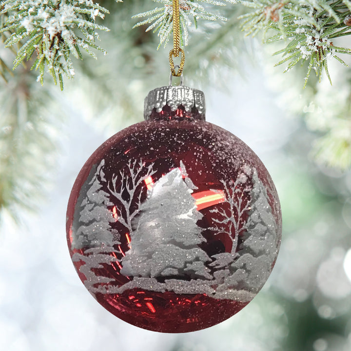 Glass Christmas Tree Ornaments - 67mm/2.63" [4 Pieces] Decorated Balls from Christmas by Krebs Seamless Hanging Holiday Decor (Christmas Red with White & Silver Festive Trees)