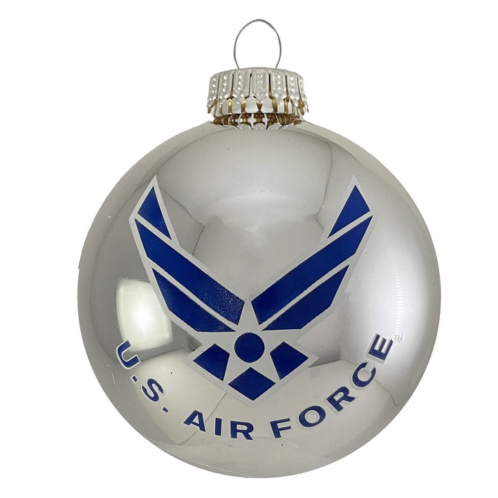 Christmas Tree Ornaments Made in the USA - 80mm / 3.25" Decorated Collectible Glass Balls from Christmas by Krebs - Handmade Hanging Holiday Decoration for Trees (USAF Logo & Hymn, Silver)