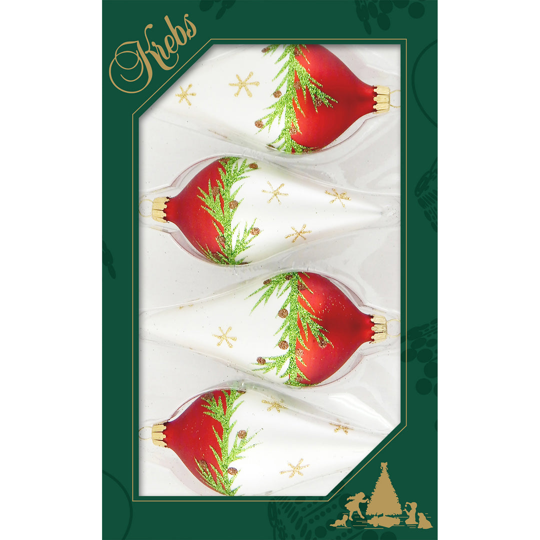 Glass Christmas Tree Ornaments - 67mm/2.63" [4 Pieces] Decorated Balls from Christmas by Krebs Seamless Hanging Holiday Decor (Red Velvet and Silver Pearl 4" Drops with Pine Branches)