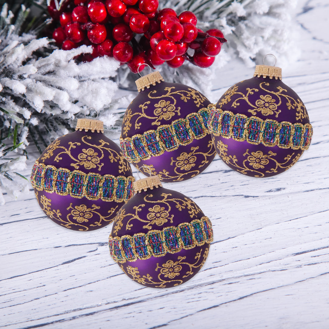 Glass Christmas Tree Ornaments - 67mm/2.63" [4 Pieces] Decorated Balls from Christmas by Krebs Seamless Hanging Holiday Decor (Shiny and Velvet Purple with Glitter & Braid)