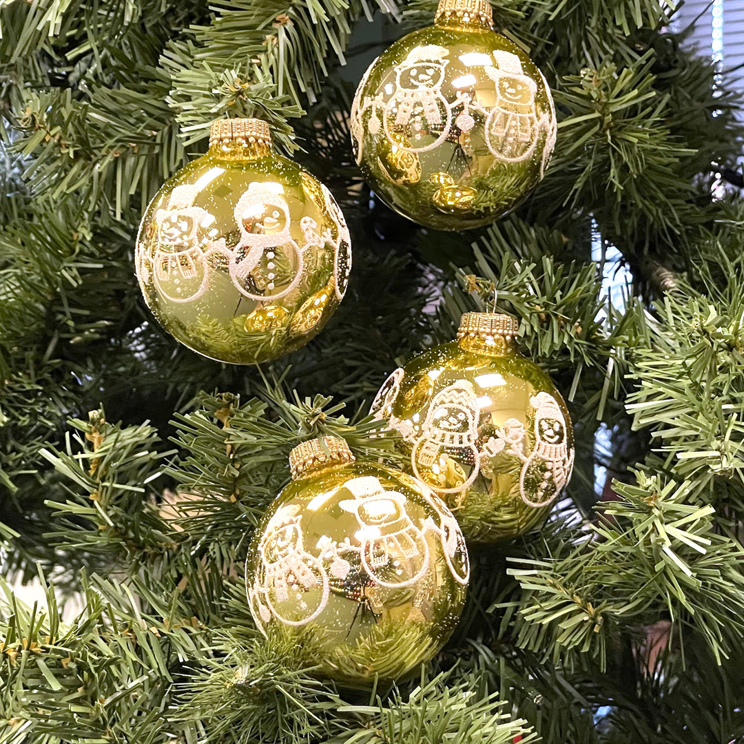 Glass Christmas Tree Ornaments - 67mm/2.63" [4 Pieces] Decorated Balls from Christmas by Krebs Seamless Hanging Holiday Decor (Golden Topaz with White Glitter Snowman Band)