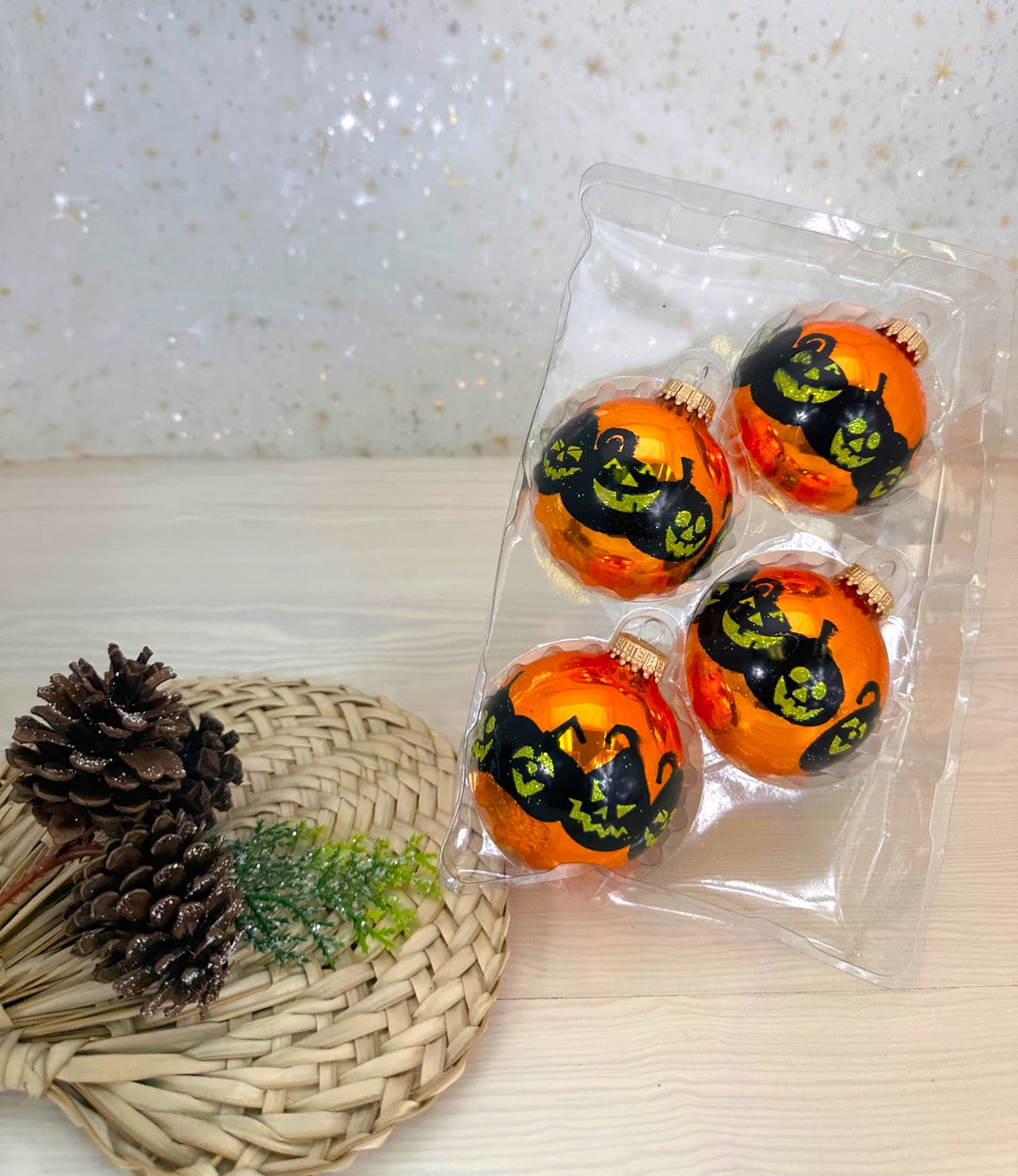 Halloween Tree Ornaments - 67mm/2.625" Decorated Glass Balls from Christmas by Krebs - Handmade Seamless Hanging Holiday Decorations for Trees - Set of 4 (Shiny Orange Crush with Jack-O-Lanters)
