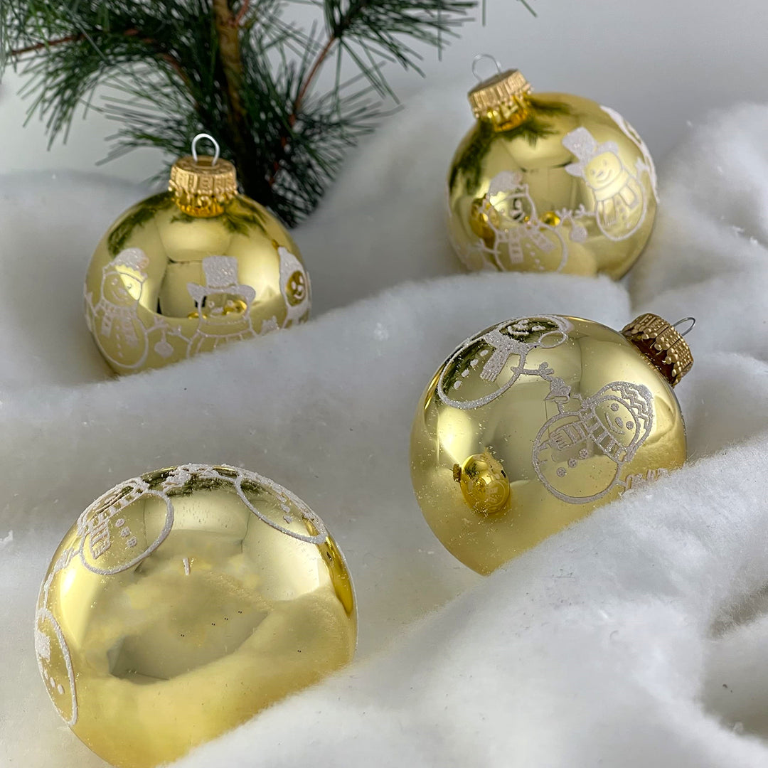 Glass Christmas Tree Ornaments - 67mm/2.63" [4 Pieces] Decorated Balls from Christmas by Krebs Seamless Hanging Holiday Decor (Golden Topaz with White Glitter Snowman Band)