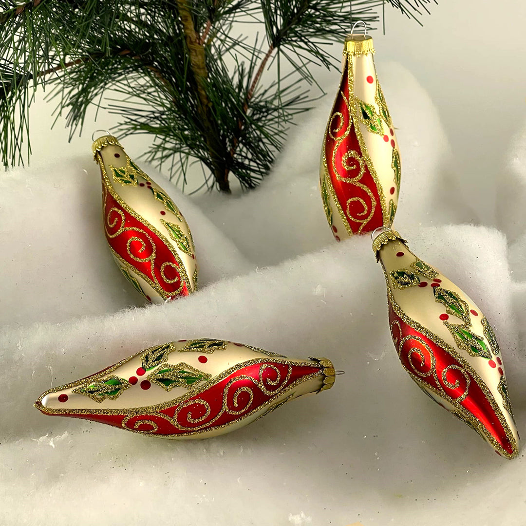 Glass Christmas Tree Ornaments - 67mm/2.63" [4 Pieces] Decorated Balls from Christmas by Krebs Seamless Hanging Holiday Decor (Chiffon Gold 4" Finial with Holly & Scrolls)