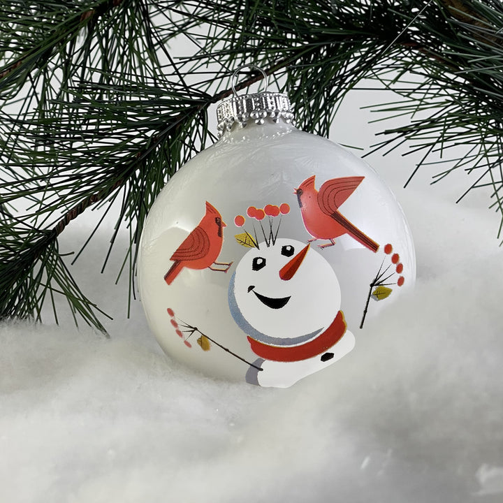 Glass Christmas Tree Ornaments - 67mm/2.625" [4 Pieces] Decorated Balls from Christmas by Krebs Seamless Hanging Holiday Decor (Porcelain White with Cardinals and Snowman)