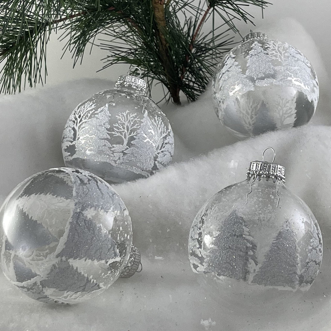 Glass Christmas Tree Ornaments - 67mm/2.63" [4 Pieces] Decorated Balls from Christmas by Krebs Seamless Hanging Holiday Decor (Clear with Silver and White Trees)