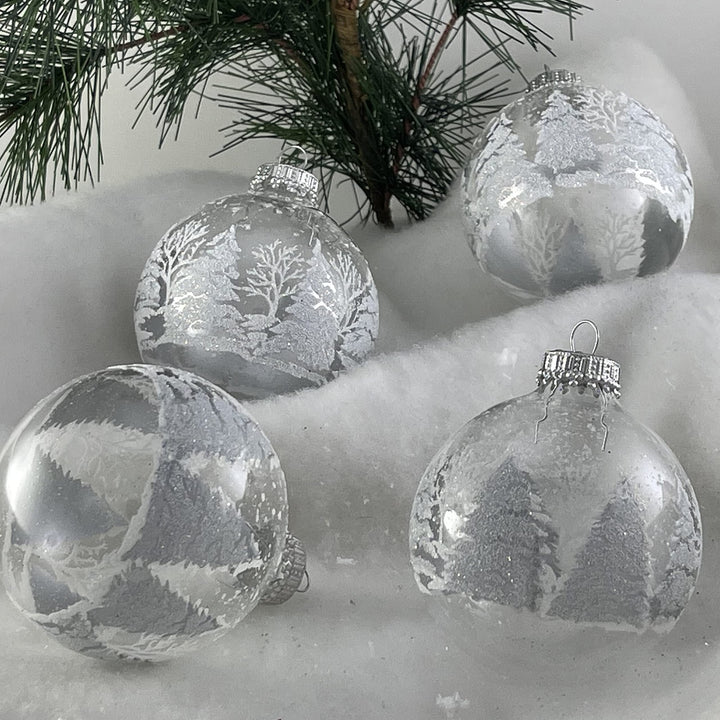 Glass Christmas Tree Ornaments - 67mm/2.63" [4 Pieces] Decorated Balls from Christmas by Krebs Seamless Hanging Holiday Decor (Clear with Silver and White Trees)