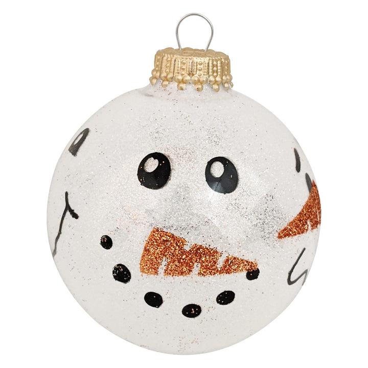 Glass Christmas Tree Ornaments - 67mm/2.63" [4 Pieces] Decorated Balls from Christmas by Krebs Seamless Hanging Holiday Decor (Snow Sparkle White with Snowman Faces)