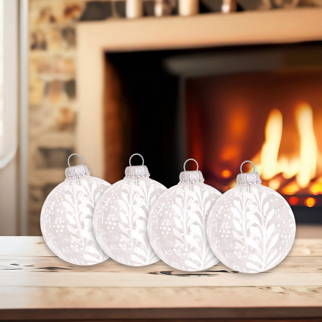 Glass Christmas Tree Ornaments - 67mm/2.63" [4 Pieces] Decorated Balls from Christmas by Krebs Seamless Hanging Holiday Decor (Clear with White Vines and Dots)