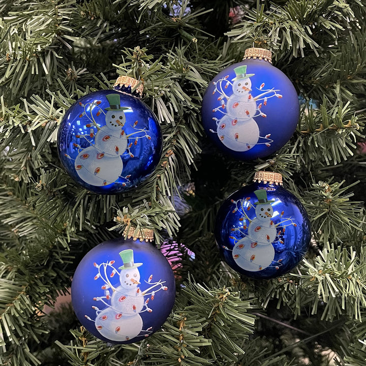 Glass Christmas Tree Ornaments - 67mm/2.63" [4 Pieces] Decorated Balls from Christmas by Krebs Seamless Hanging Holiday Decor (Victoria Blue and Royal Velvet With Snowman)