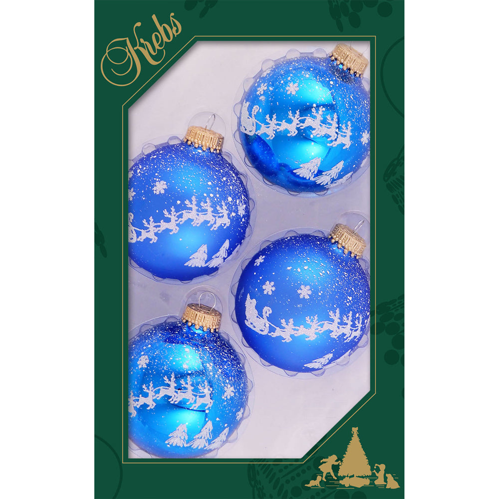 Glass Christmas Tree Ornaments - 67mm/2.63" [4 Pieces] Decorated Balls from Christmas by Krebs Seamless Hanging Holiday Decor (Classic Blue Shine with Santa Sleigh)