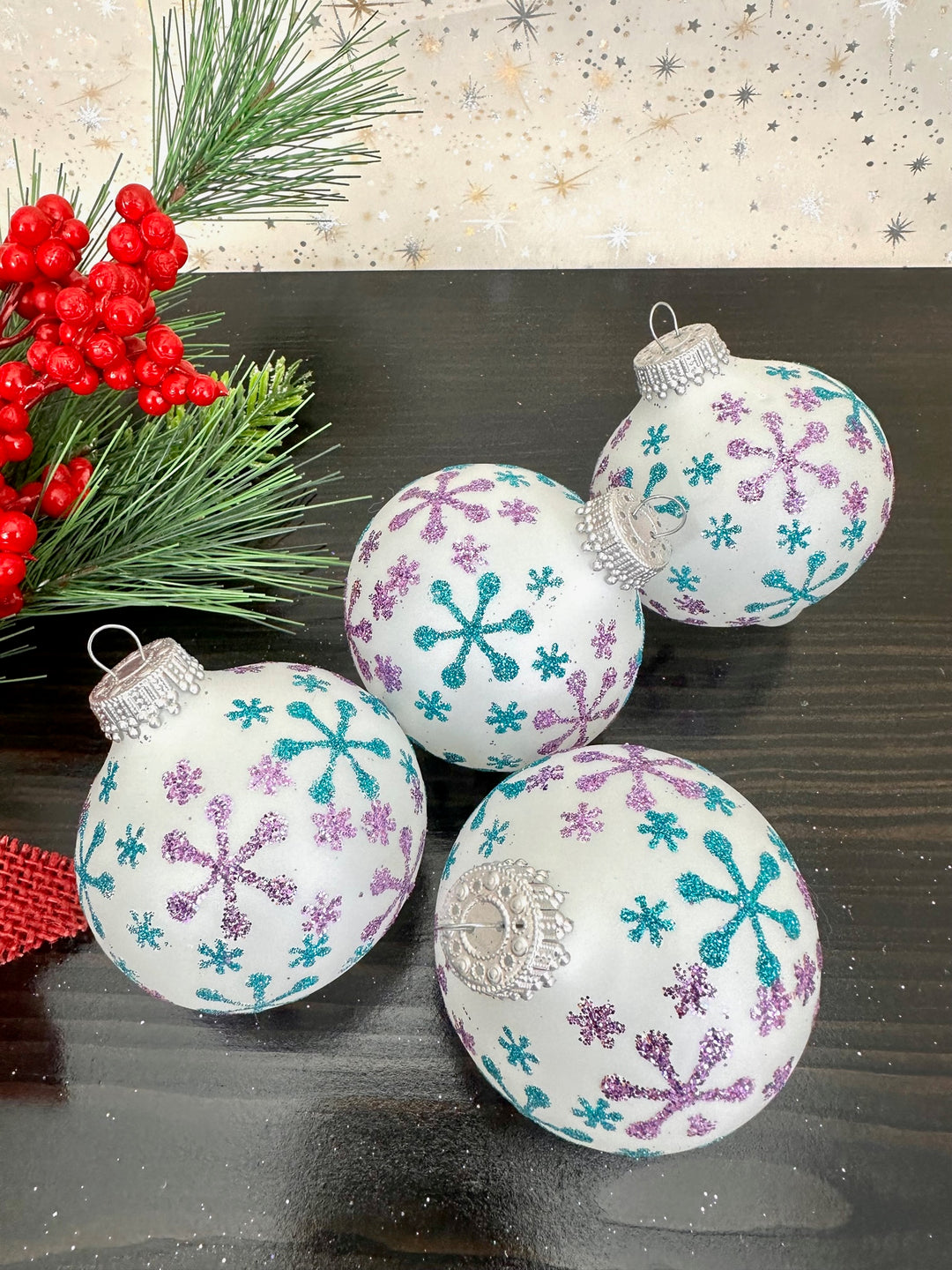 Glass Christmas Tree Ornaments - 67mm/2.63" [4 Pieces] Decorated Balls from Christmas by Krebs Seamless Hanging Holiday Decor (Snow White with Aqua & Amethyst Jax)