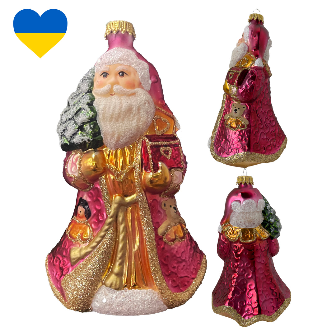 Christmas by Krebs Blown Glass Collectible Ukrainian Figurine (6.6" Santa with Treasure)