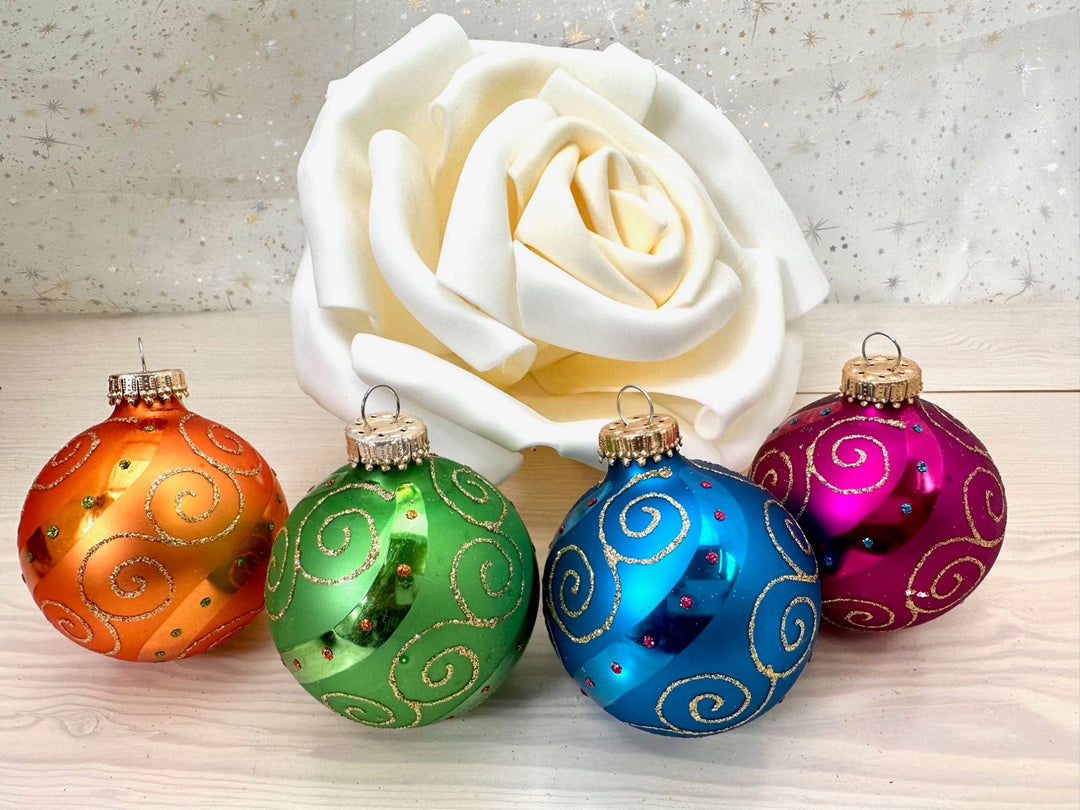 Glass Christmas Tree Ornaments - 67mm/2.625" [4 Pieces] Decorated Balls from Christmas by Krebs Seamless Hanging Holiday Decor (Green, Purple, Orange & Blue with Swirls & Scrolls)