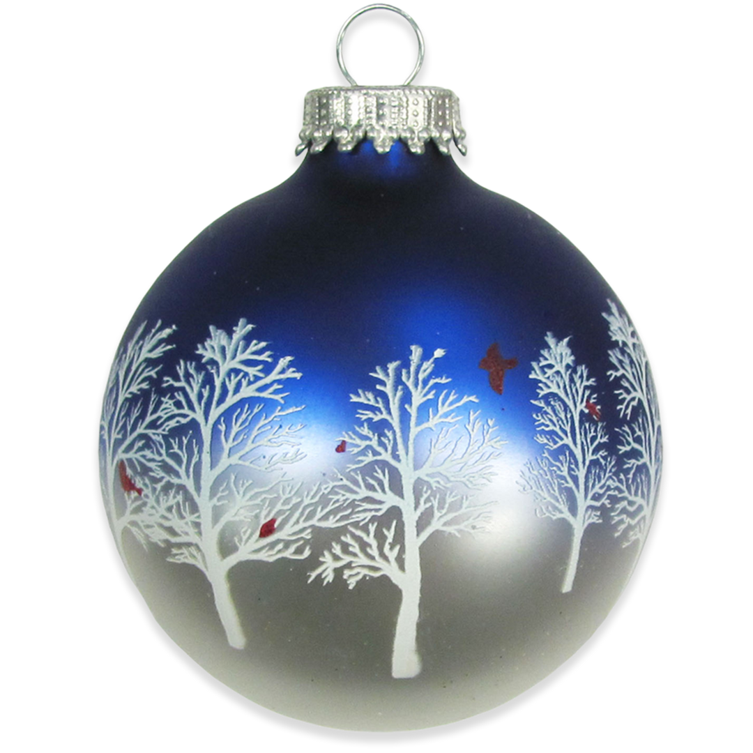 Glass Christmas Tree Ornaments - 67mm/2.63" Designer Balls from Christmas by Krebs - Seamless Hanging Holiday Decorations for Trees - Set of 12 Ornaments (Silver and Blue with Trees and Cardinals)