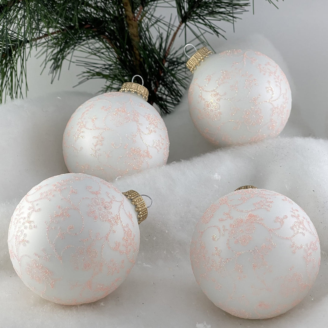 Glass Christmas Tree Ornaments - 67mm/2.63" [4 Pieces] Decorated Balls from Christmas by Krebs Seamless Hanging Holiday Decor (Classic White Velvet with Coral Glitterlace)