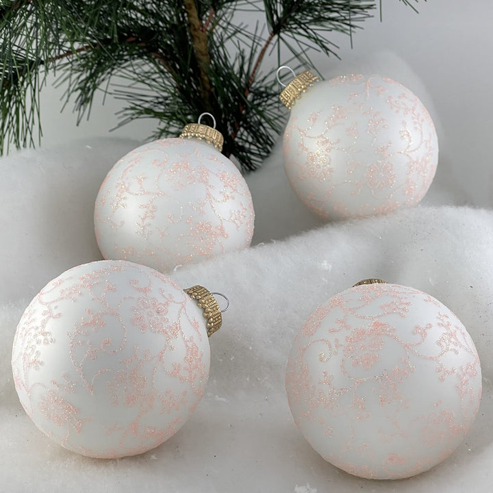 Glass Christmas Tree Ornaments - 67mm/2.63" [4 Pieces] Decorated Balls from Christmas by Krebs Seamless Hanging Holiday Decor (Classic White Velvet with Coral Glitterlace)