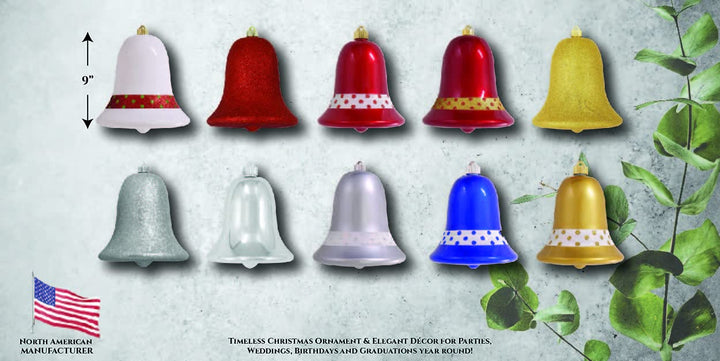 Christmas By Krebs 9" (230mm) Ornament, Commercial Grade Indoor Outdoor Shatterproof Plastic Water Resistant Bell Ornament (Candy Red with Gold Decorated Band)