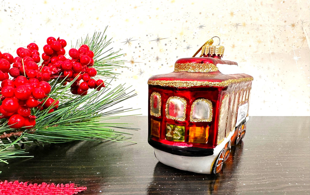Christmas By Krebs Blown Glass  Collectible Tree Ornaments  (4.75" Trolley Car)
