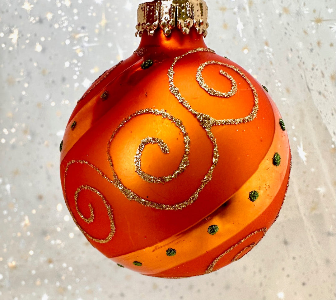 Glass Christmas Tree Ornaments - 67mm/2.625" [4 Pieces] Decorated Balls from Christmas by Krebs Seamless Hanging Holiday Decor (Green, Purple, Orange & Blue with Swirls & Scrolls)