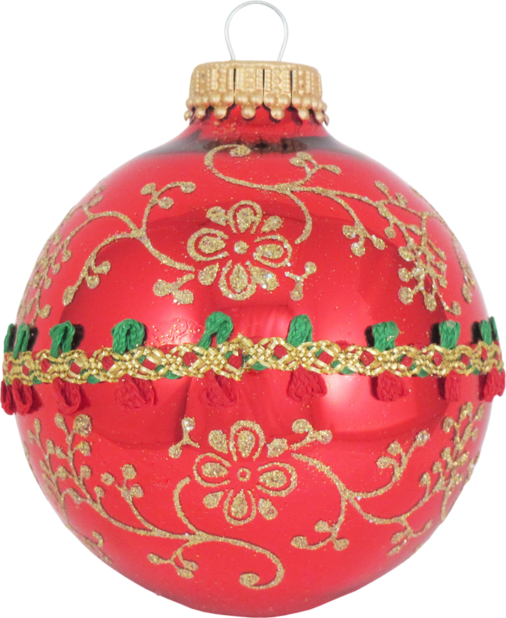 Glass Christmas Tree Ornaments - 67mm/2.63" [4 Pieces] Decorated Balls from Christmas by Krebs Seamless Hanging Holiday Decor (Red & Velvet w/ Glitterlace and Braid)
