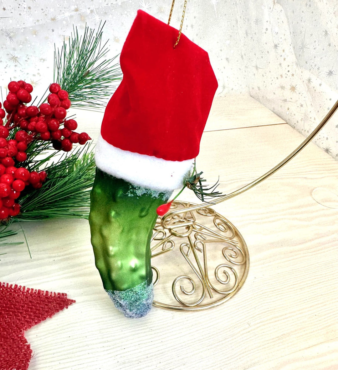 Christmas By Krebs Blown Glass  Collectible Tree Ornaments (5.5" Christmas Pickle with Santa Hat)
