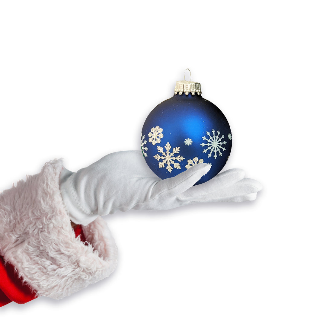 Glass Christmas Tree Ornaments - 67mm/2.63" [4 Pieces] Decorated Balls from Christmas by Krebs Seamless Hanging Holiday Decor (Blue w/ Silver Glitter and White Snowflakes)