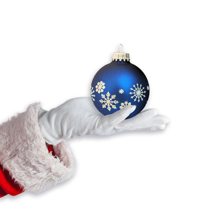 Glass Christmas Tree Ornaments - 67mm/2.63" [4 Pieces] Decorated Balls from Christmas by Krebs Seamless Hanging Holiday Decor (Blue w/ Silver Glitter and White Snowflakes)