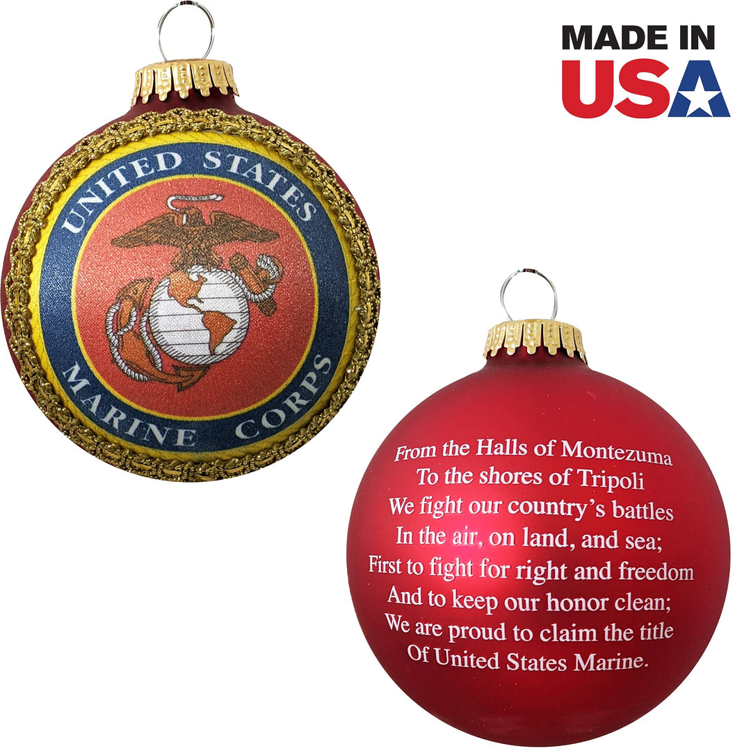 Christmas Tree Ornaments Made in the USA - 80mm / 3.25" Decorated Collectible Glass Balls from Christmas by Krebs - Handmade Hanging Holiday Decoration for Trees (USMC Logo and Hymn, Silk)