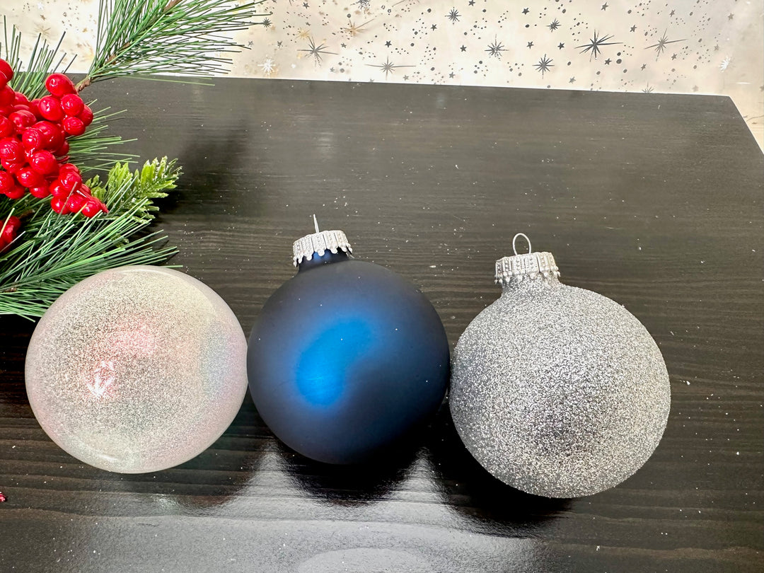 Glass Christmas Tree Ornaments - 67mm/2.63" Designer Balls from Christmas by Krebs - Seamless Hanging Holiday Decorations for Trees - Set of 12 Ornaments (Sparkle White Dark Blue & Glitter Light Blue)