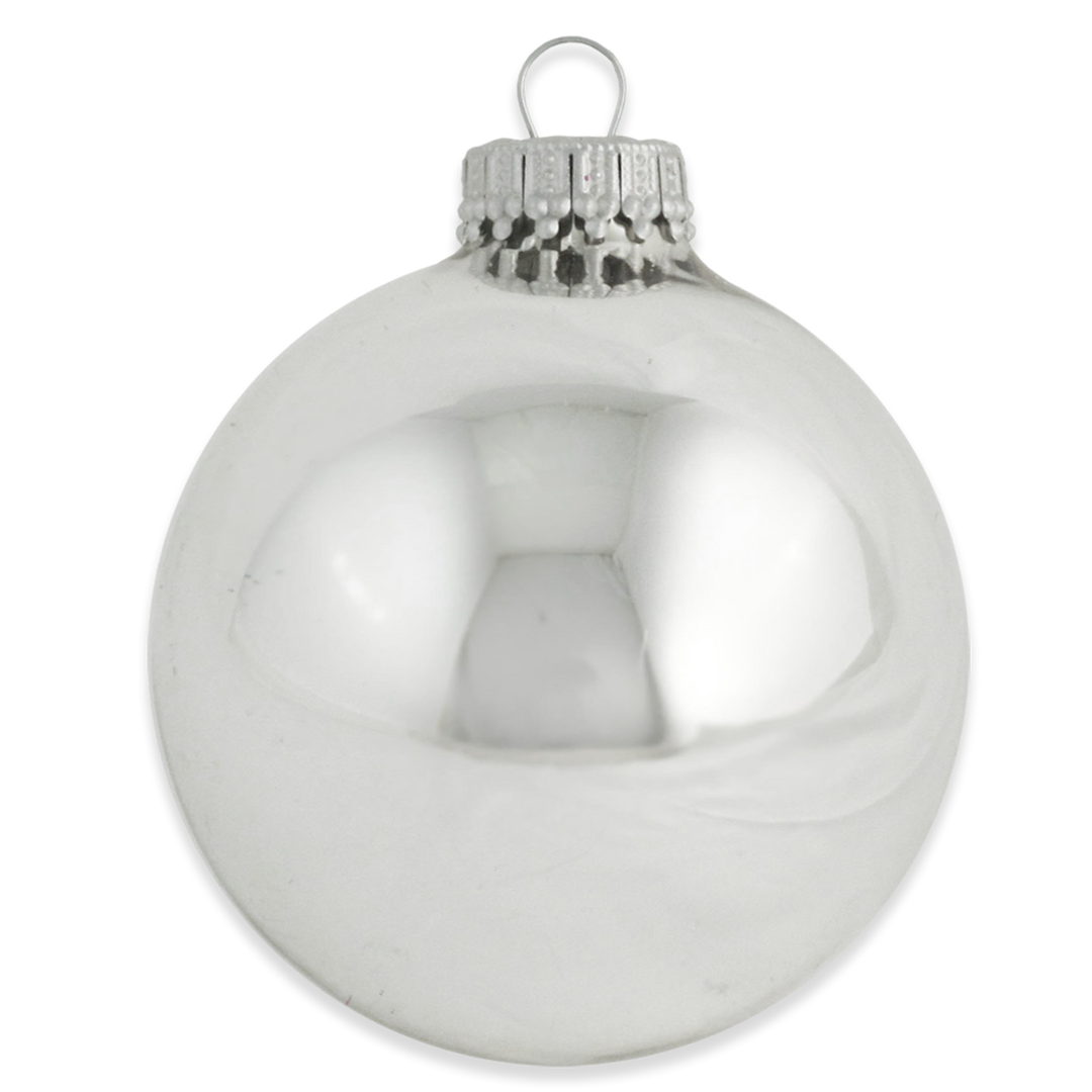 Glass Christmas Tree Ornaments - 67mm/2.63" Designer Balls from Christmas by Krebs - Seamless Hanging Holiday Decorations for Trees - Set of 12 Ornaments (Silver and Blue with Trees and Cardinals)