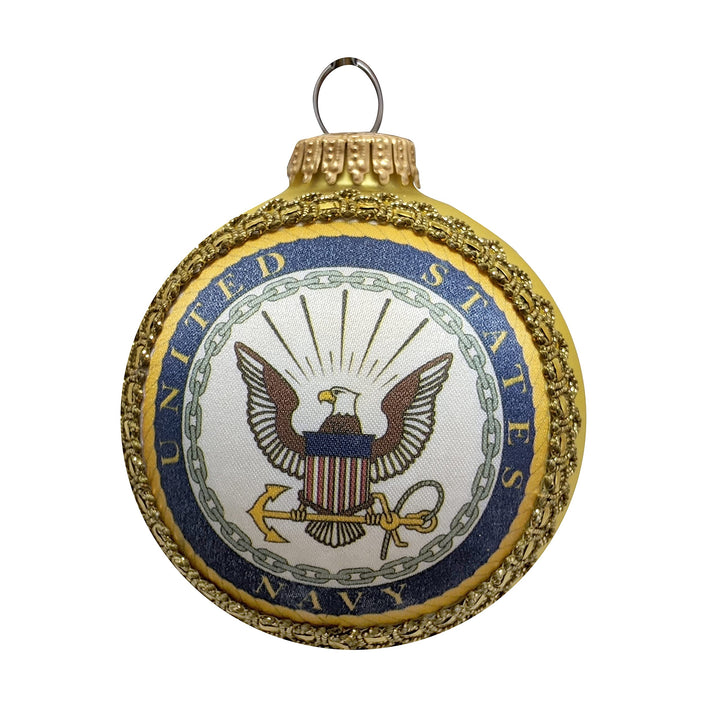Christmas Tree Ornaments Made in the USA - 80mm / 3.25" Decorated Collectible Glass Balls from Christmas by Krebs - Handmade Hanging Holiday Decoration for Trees (USN Logo and Hymn, Silk)