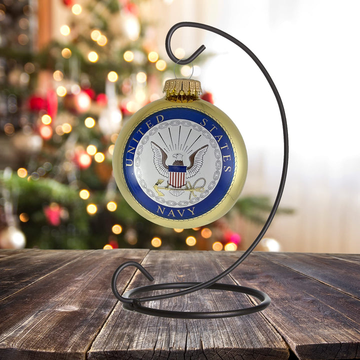 Christmas Tree Ornaments Made in the USA - 80mm / 3.25" Decorated Collectible Glass Balls from Christmas by Krebs - Handmade Hanging Holiday Decoration for Trees (USN Logo & Hymn)