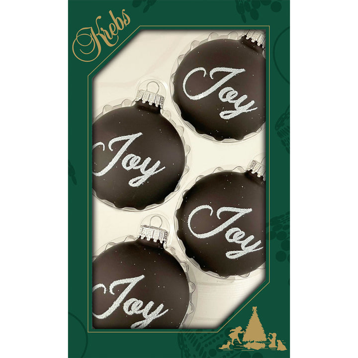 Glass Christmas Tree Ornaments - 67mm/2.625" [4 Pieces] Decorated Balls from Christmas by Krebs Seamless Hanging Holiday Decor (Ebony Velvet with White Glitter Joy)