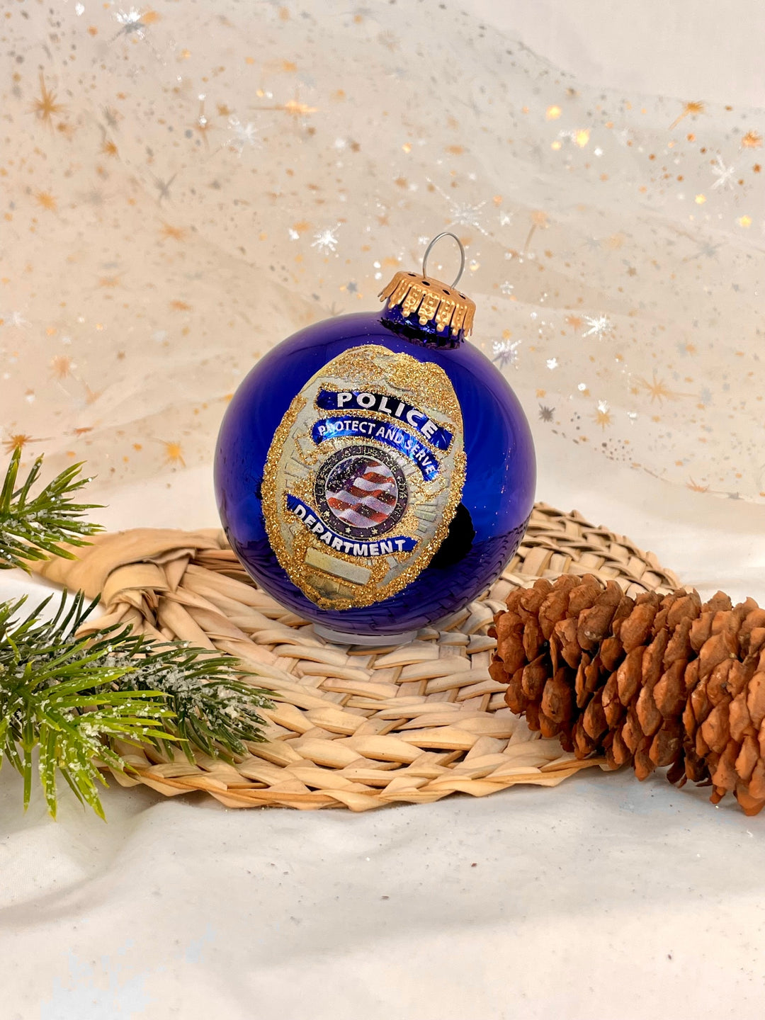 Christmas Tree Ornaments - 80mm / 3.25" Decorated Collectible Glass Balls from Christmas by Krebs - Handmade Hanging Holiday Decorations for Trees (Victoria Blue with Police Shield Gift)